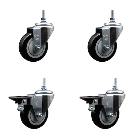 Service Caster 35 Inch Black Polyurethane 38 Inch Threaded Stem Caster Set 2 Brakes SCC SCC-TS20S3514-PPUB-BLK-381615-2PLB2
